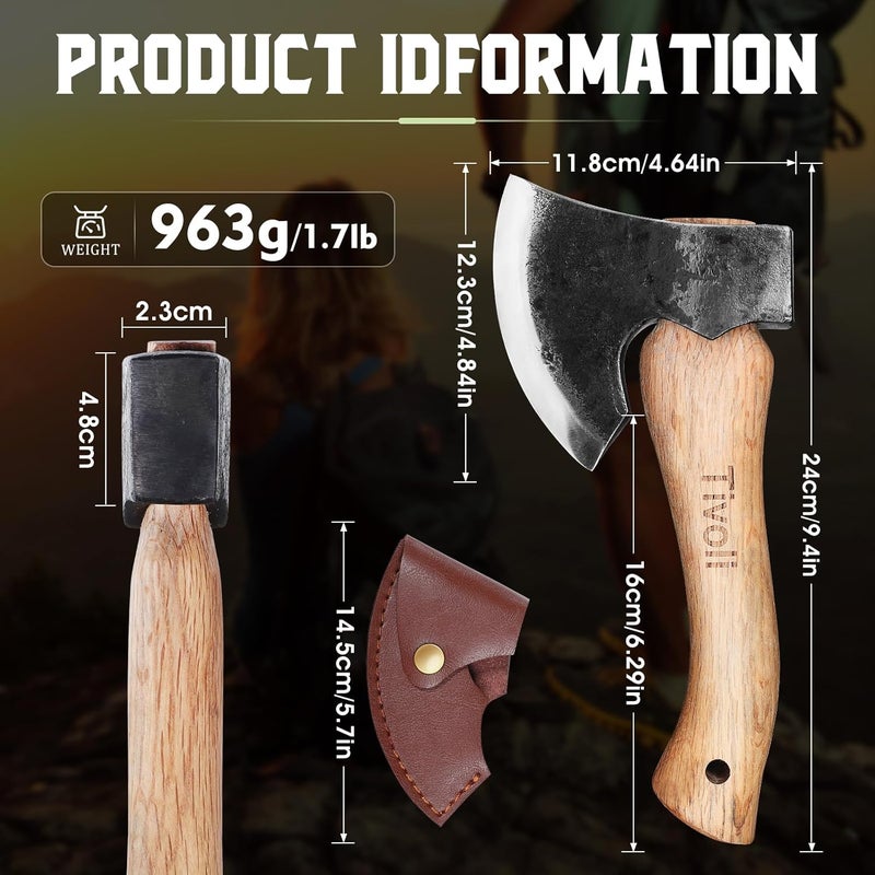Tivoli 9-inch Small Hatchet Axe for Camping, Small Wood Hatchet Hand Axe, Hand Forged Carbon Steel Short Camp Axe for Chopping Wood, Ash Wood Handle, Retro Sheath - Image 2